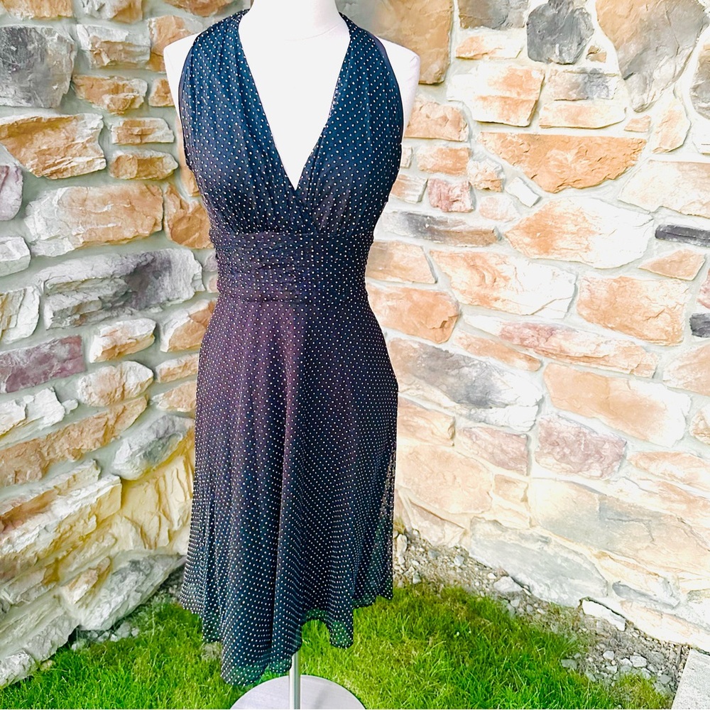 Evan-Picone Black Polka Dot Mesh Halter Dress - Size 6 - Fit & Flare